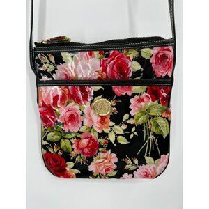 Vintage Anna Griffin Floral Crossbody Bag Gold Accent  RED PNK Roses on BLK